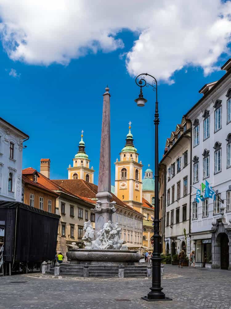 View of a statue next to Town hall in Ljubljana