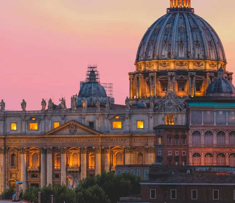 Sunset view of Saint peters basilica in Vatican city